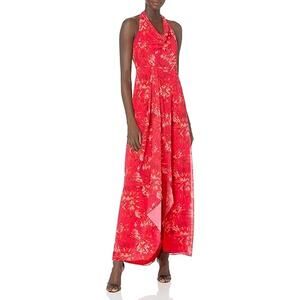 NWT Halston Heritage Gown Maxi Dress Red Slit Kaleidoscope Print Cowl Halter